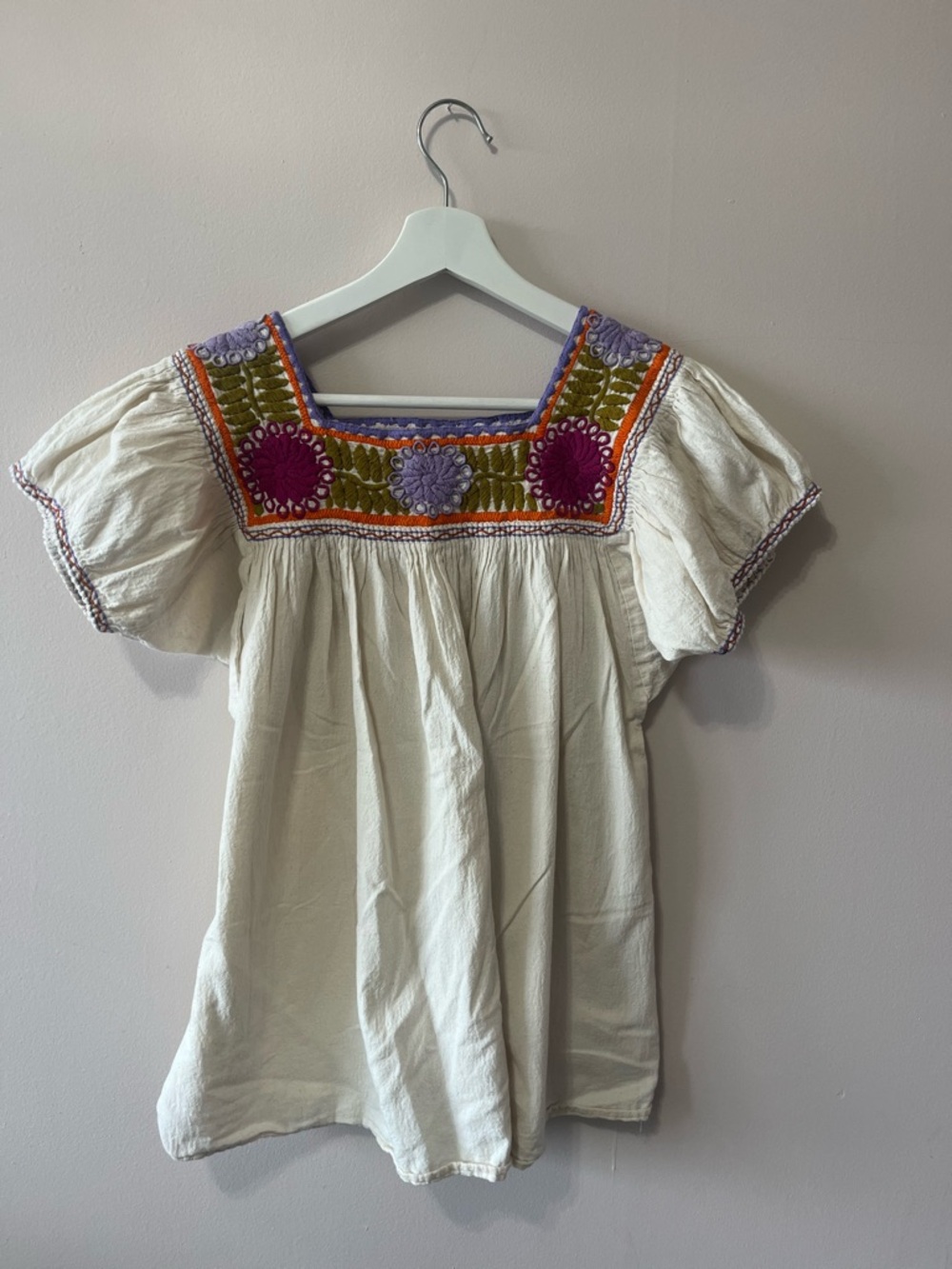 Embroidered Square-Neck Peasant Top - Cream with Purple & Olive Accents